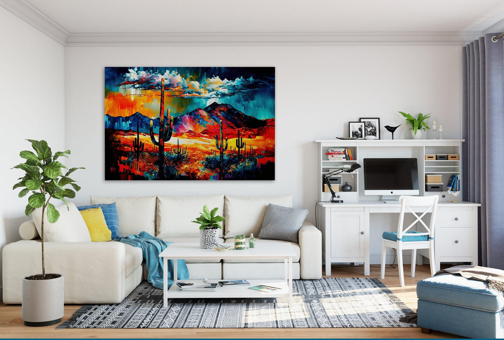a modern living room with a large, colorful painting of a desert landscape hanging on the wall. The room is furnished with a white sofa, a coffee table, and a desk with a computer setup. The room also features a large window, plants, and decorative elements that create a cozy and inviting atmosphere.