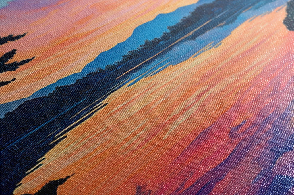 a close up of a painting of a sunset