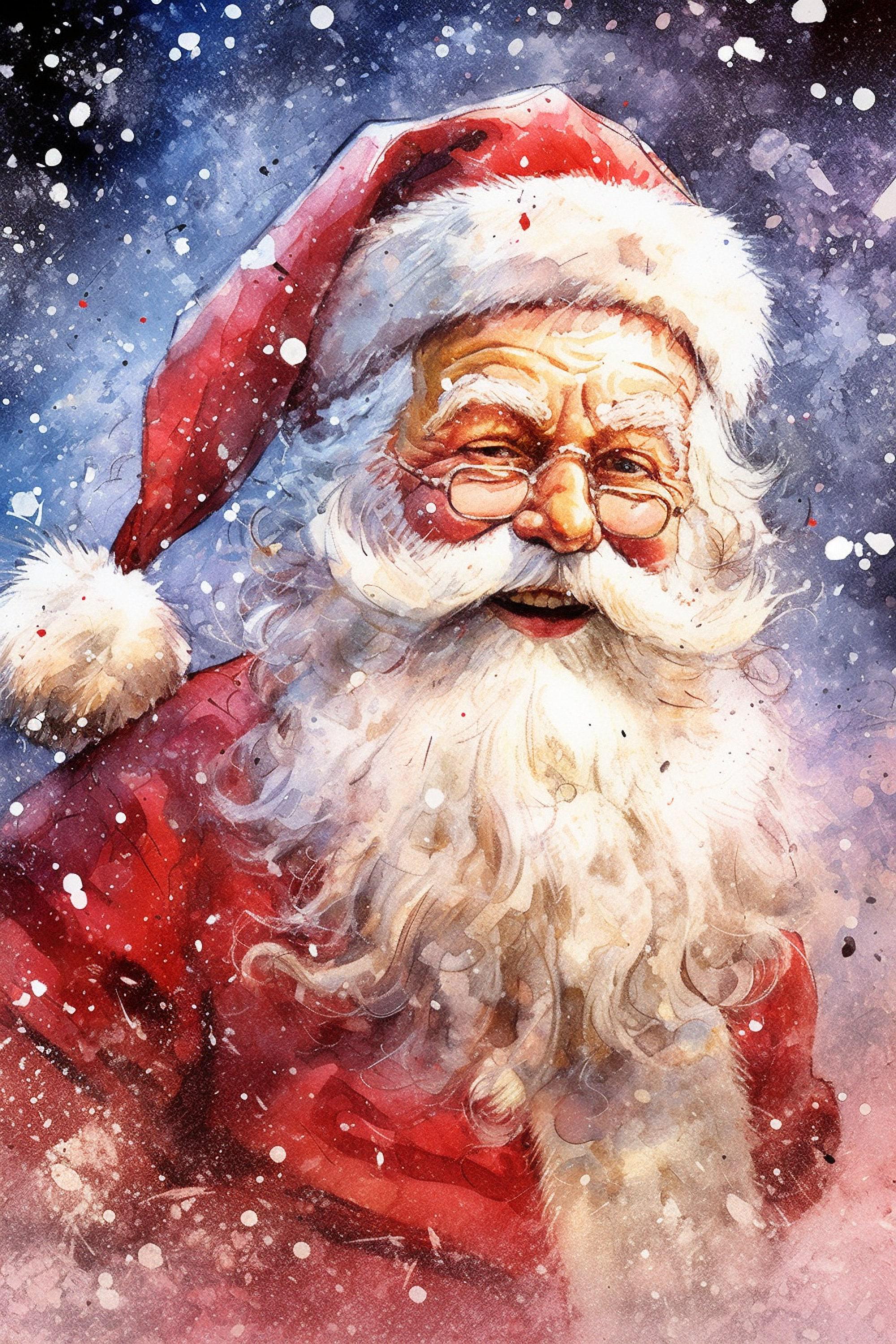 Santa Christmas Watercolor - Winter Wonderland Decor, Giclee Print on Canvas, Artist Paper, Watercolor Paper, Available in Extra Large Sizes