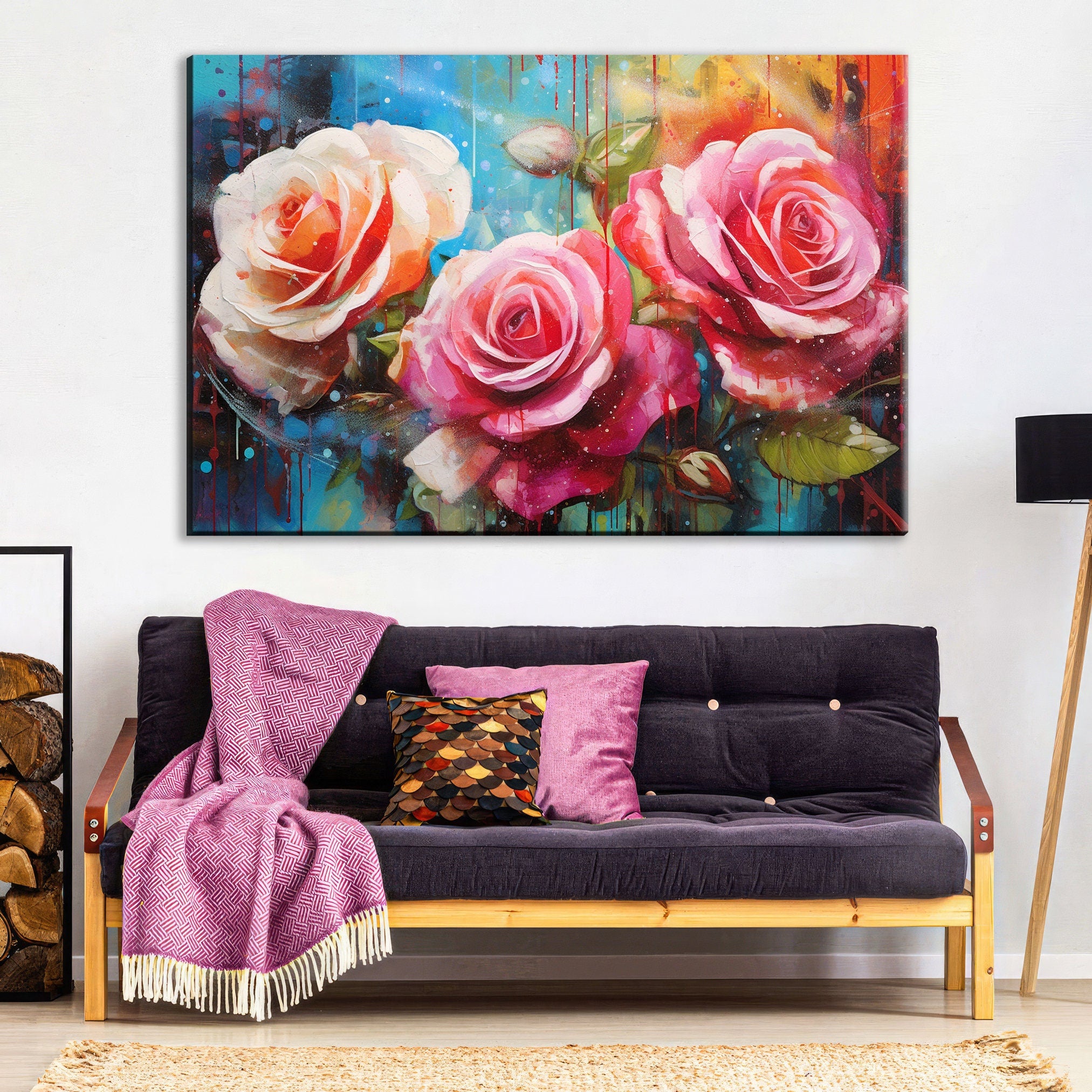 Pink and White Roses Canvas | Large Floral Wall Decor with Vibrant Alcohol Ink Style