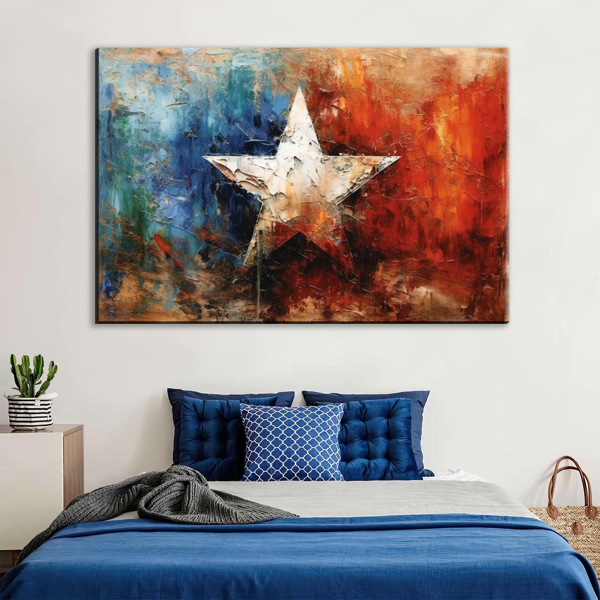 Texas Lone Star Wall Art – Large Canvas Art on Real Wood Frame with Acid Free Ink Print