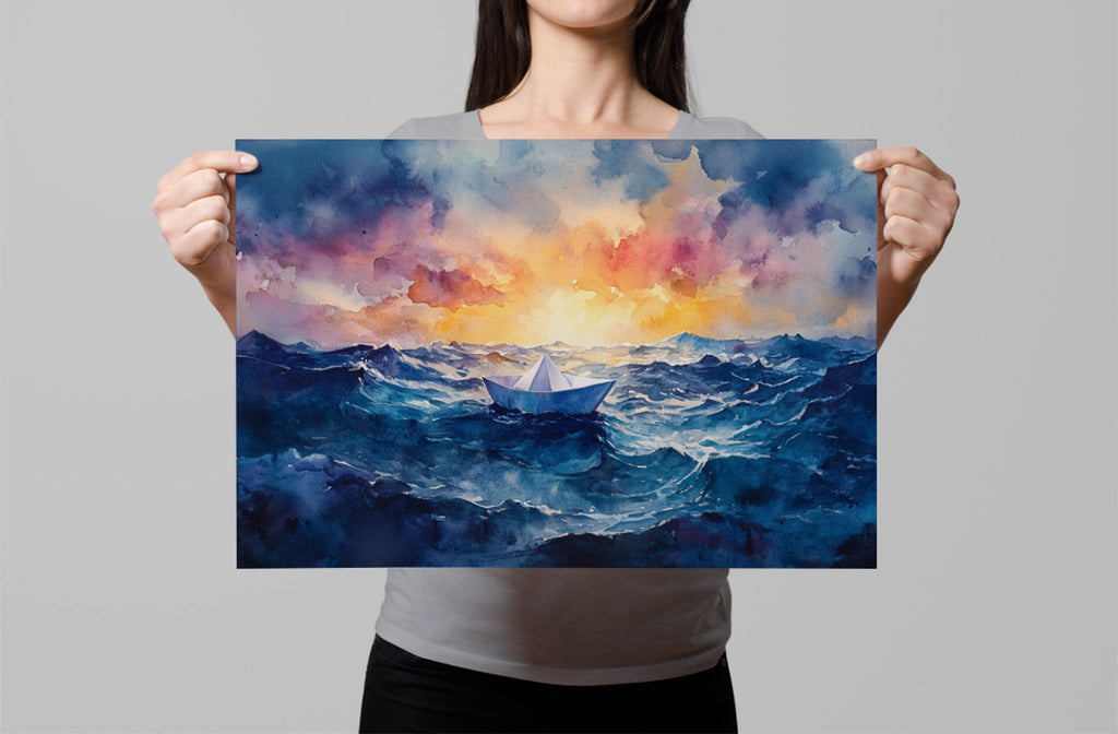A woman holds up a painting of a small boat sailing on a stormy sea, with a vibrant sunset in the background.
