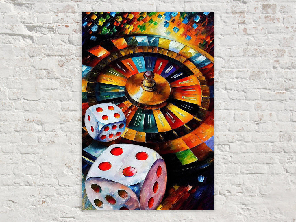Gambling Canvas Art – Roulette Wheel Print With Dice Wall Art On Wooden Frame