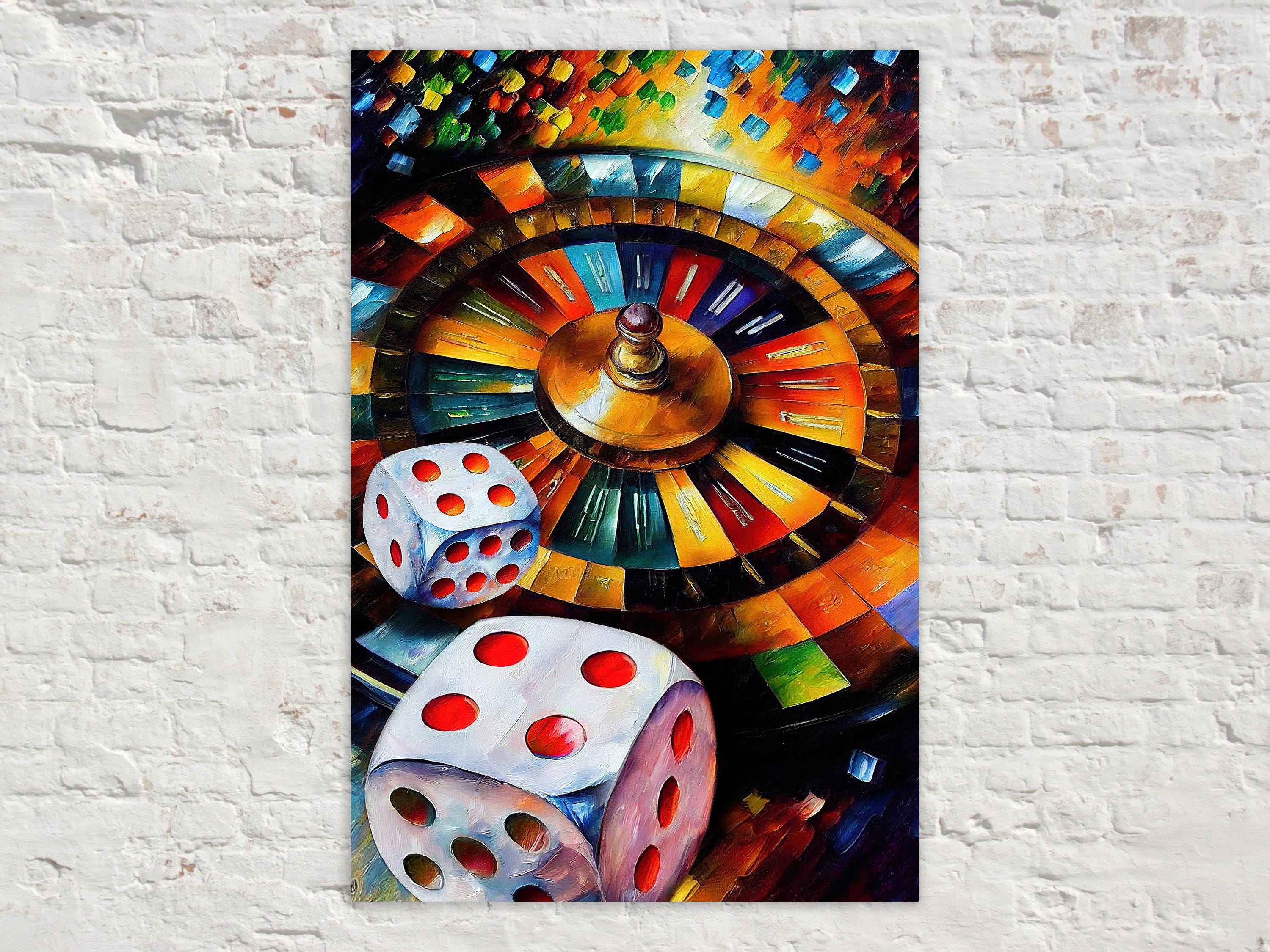 Gambling Canvas Art – Roulette Wheel Print With Dice Wall Art On Wooden Frame