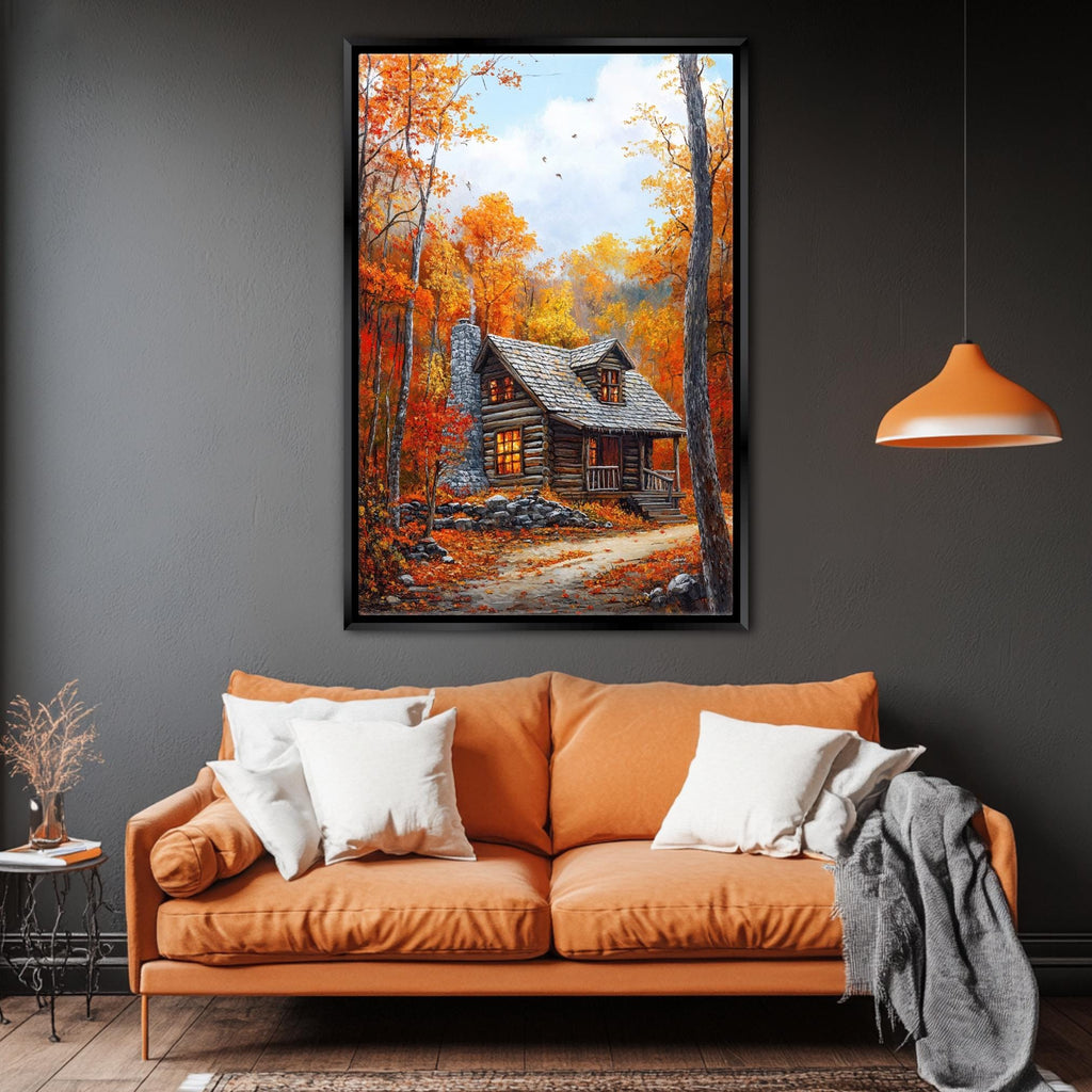 a cozy cabin nestled in a forest, with a warm and inviting atmosphere.