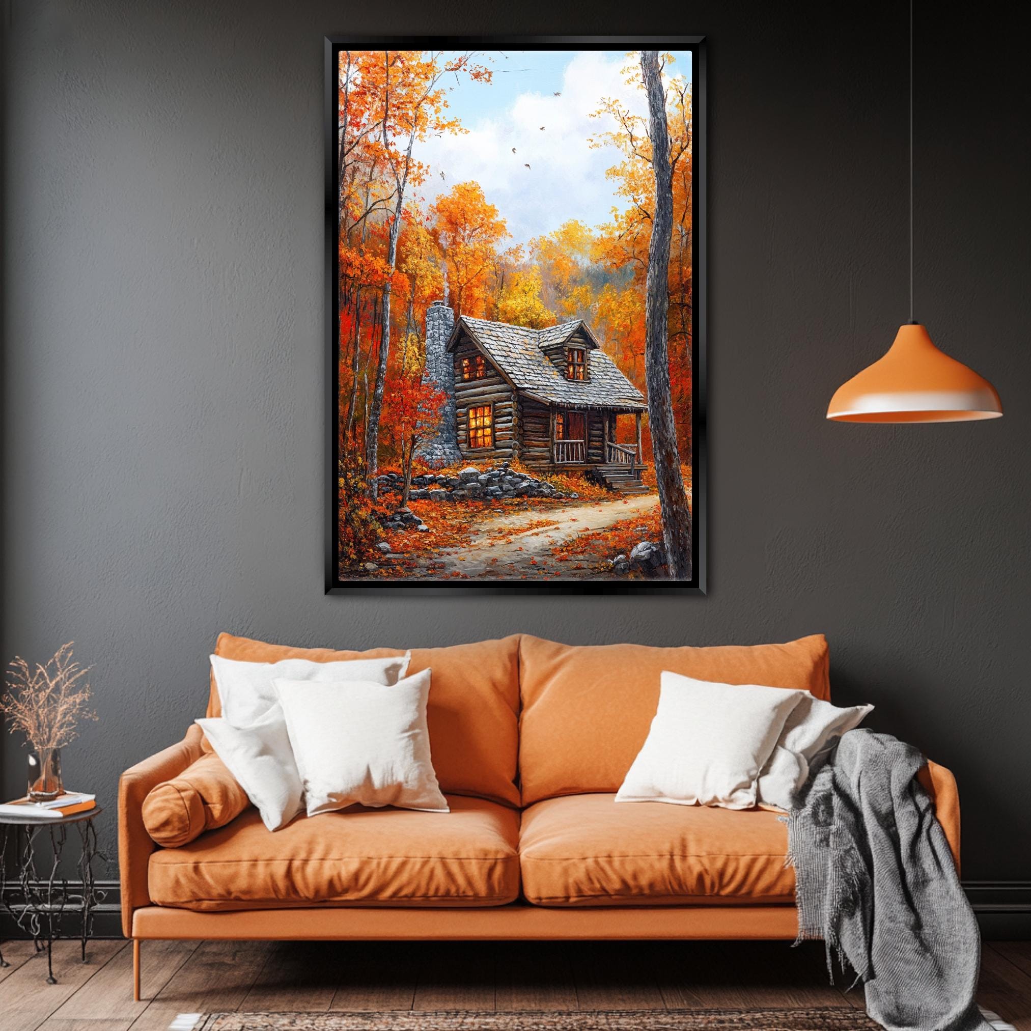 a cozy cabin nestled in a forest, with a warm and inviting atmosphere.