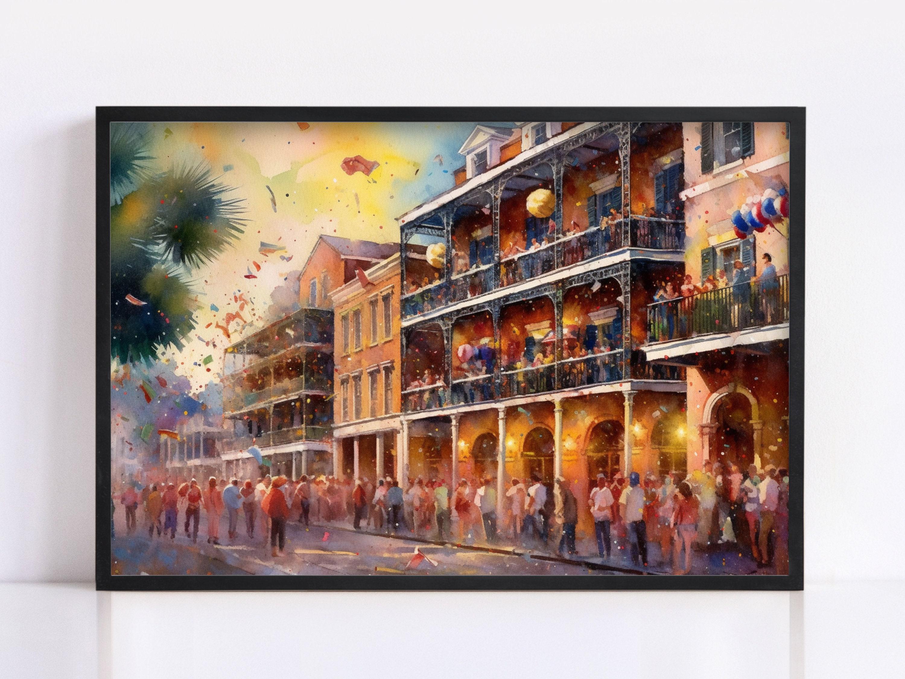 New Orleans Mardi Gras Watercolor, Festive Wall Art, Giclee Print on Canvas, Artist Paper, Watercolor Paper, Available in Extra Large Sizes