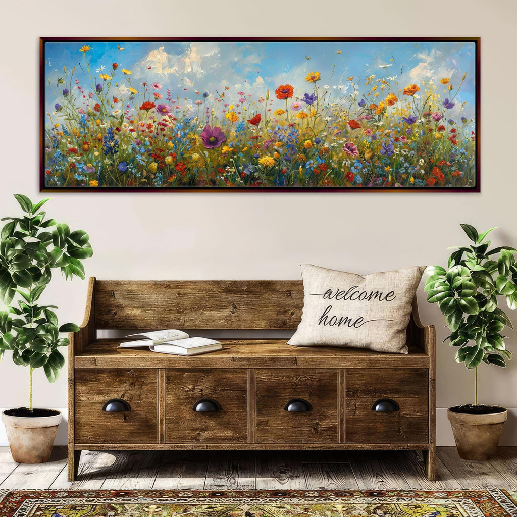 Panoramic Wildflower Wall Art – Framed Canvas Print | Extra Large Botanical Wall Decor