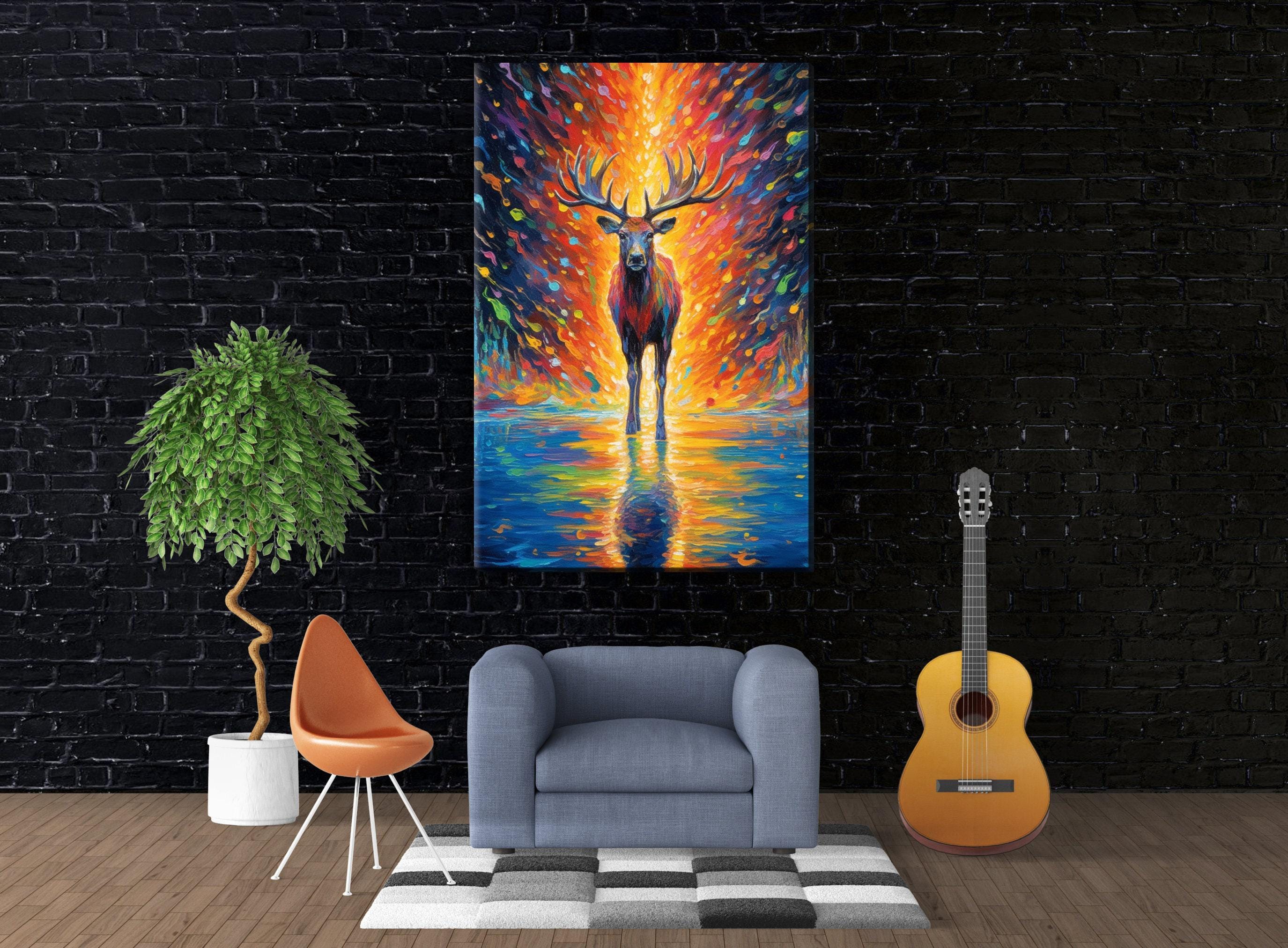 Colorful Reindeer Painting - Large Giclee Canvas Print | Holiday Wall Art