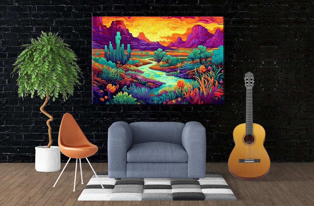 Neon Desert Canvas - Vibrant Southwest Wall Art | Phad Style Painting on Large Canvas