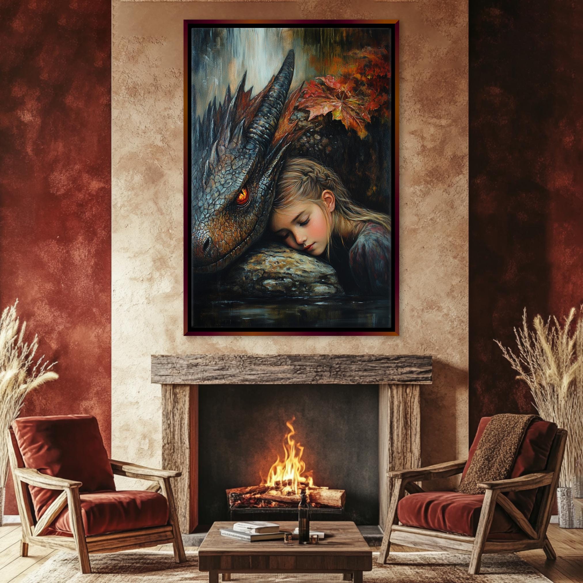 a living room with a fire place and a painting on the wall