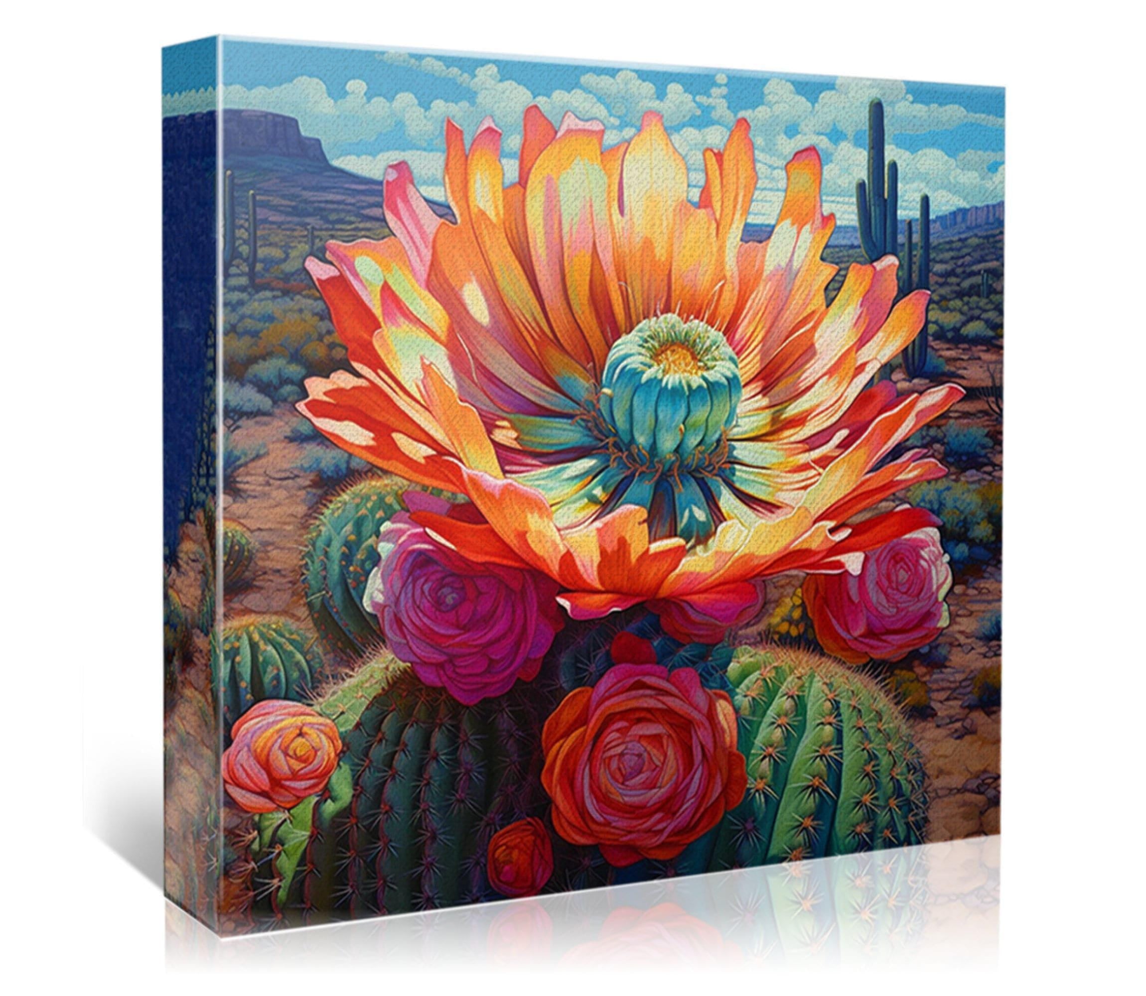 A vibrant painting of a desert landscape, featuring a large, colorful flower surrounded by cacti and other desert plants.