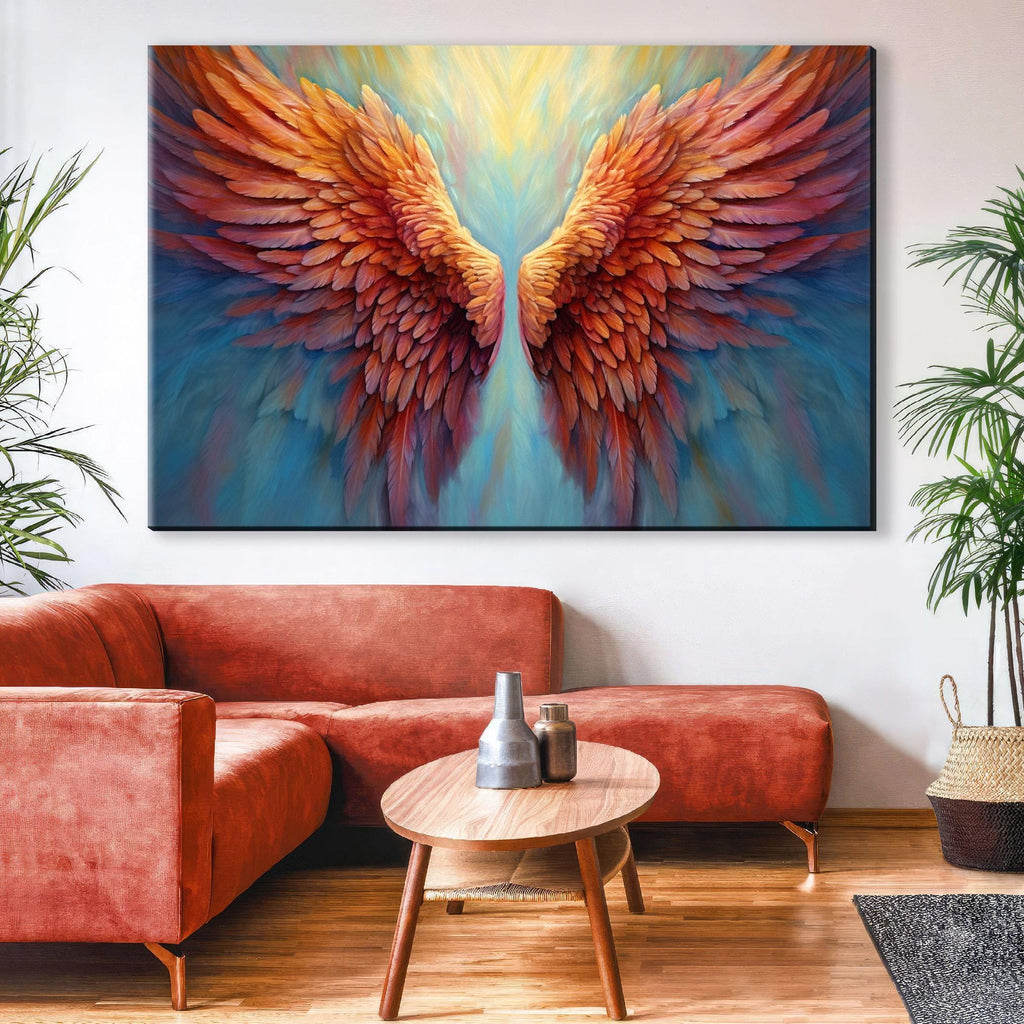a large, vibrant painting of colorful, winged feathers hanging on a wall above a red couch in a cozy living room setting.