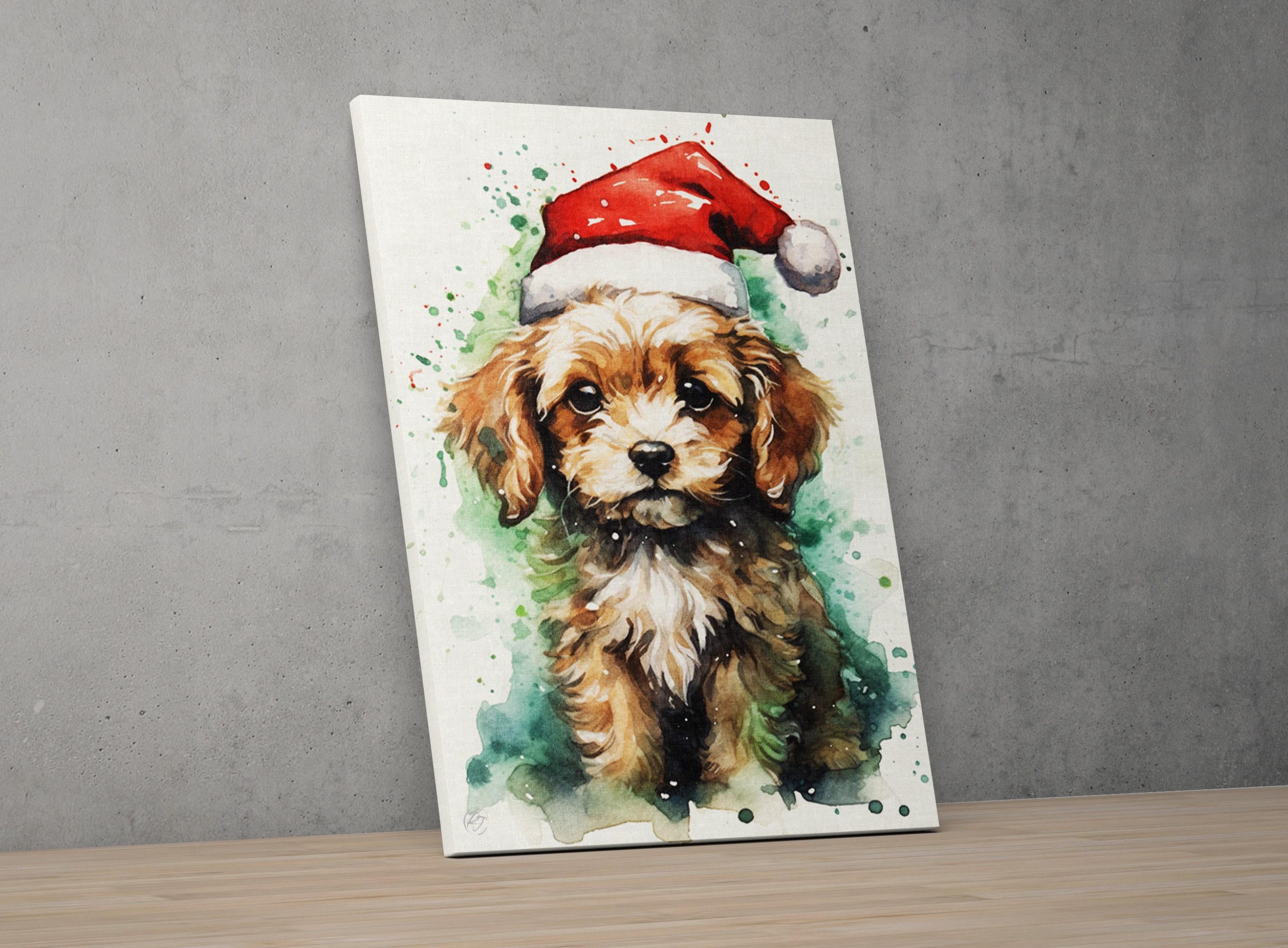 Holiday Pup in Santa Hat Watercolor Wall Decor, Giclee Print on Canvas, Artist Paper, Watercolor Paper, Available in Extra Large Sizes