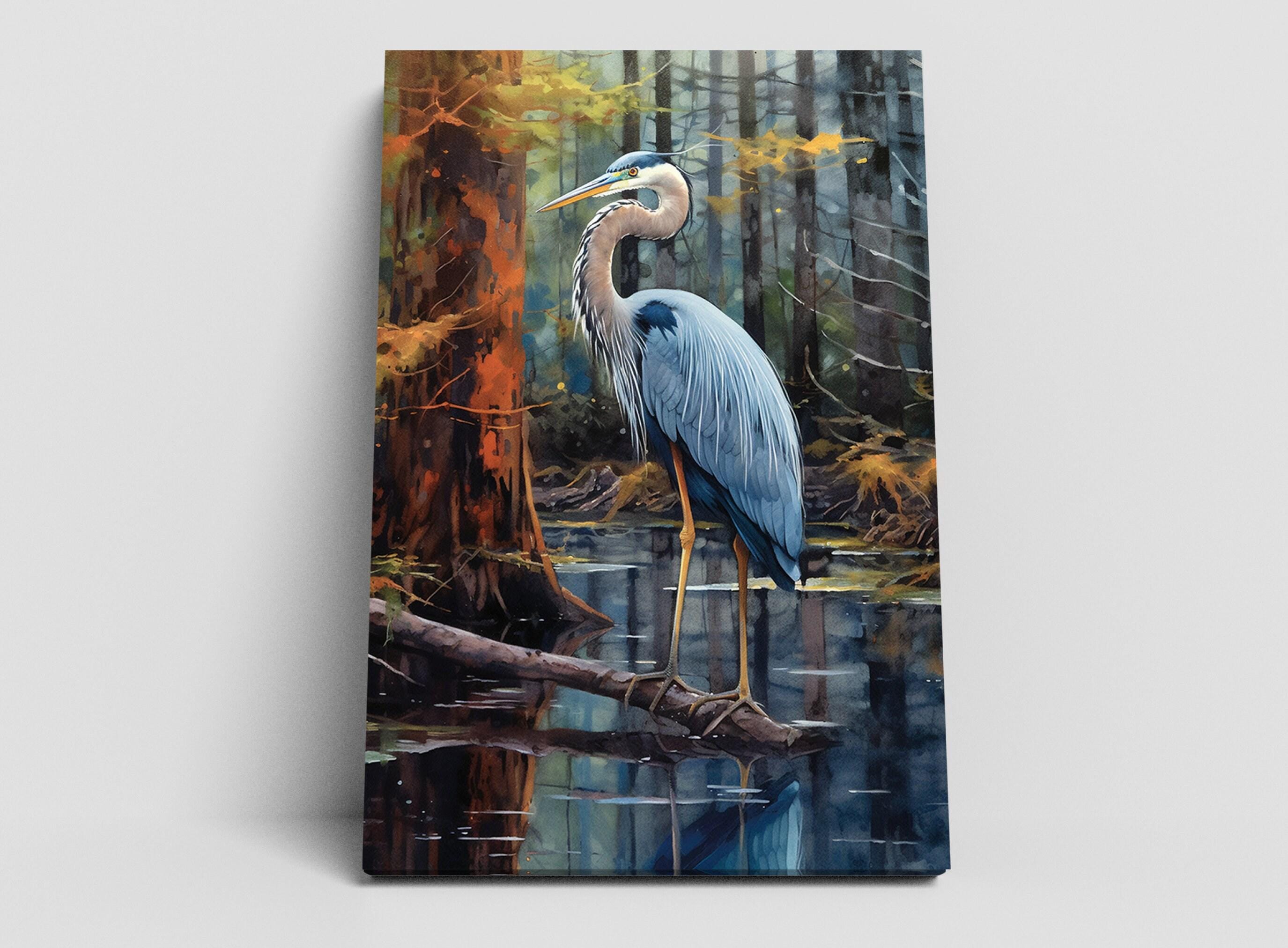 Blue Heron Watercolor Bird Print for Home Decor, Giclee Print on Canvas, Artist Paper, Watercolor Paper, Available in Extra Large Sizes