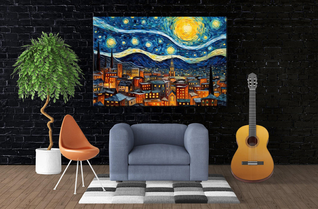 Starry Night Wall Art – Large Canvas Art | Van Gogh Inspired Print, Vibrant Night Sky Painting