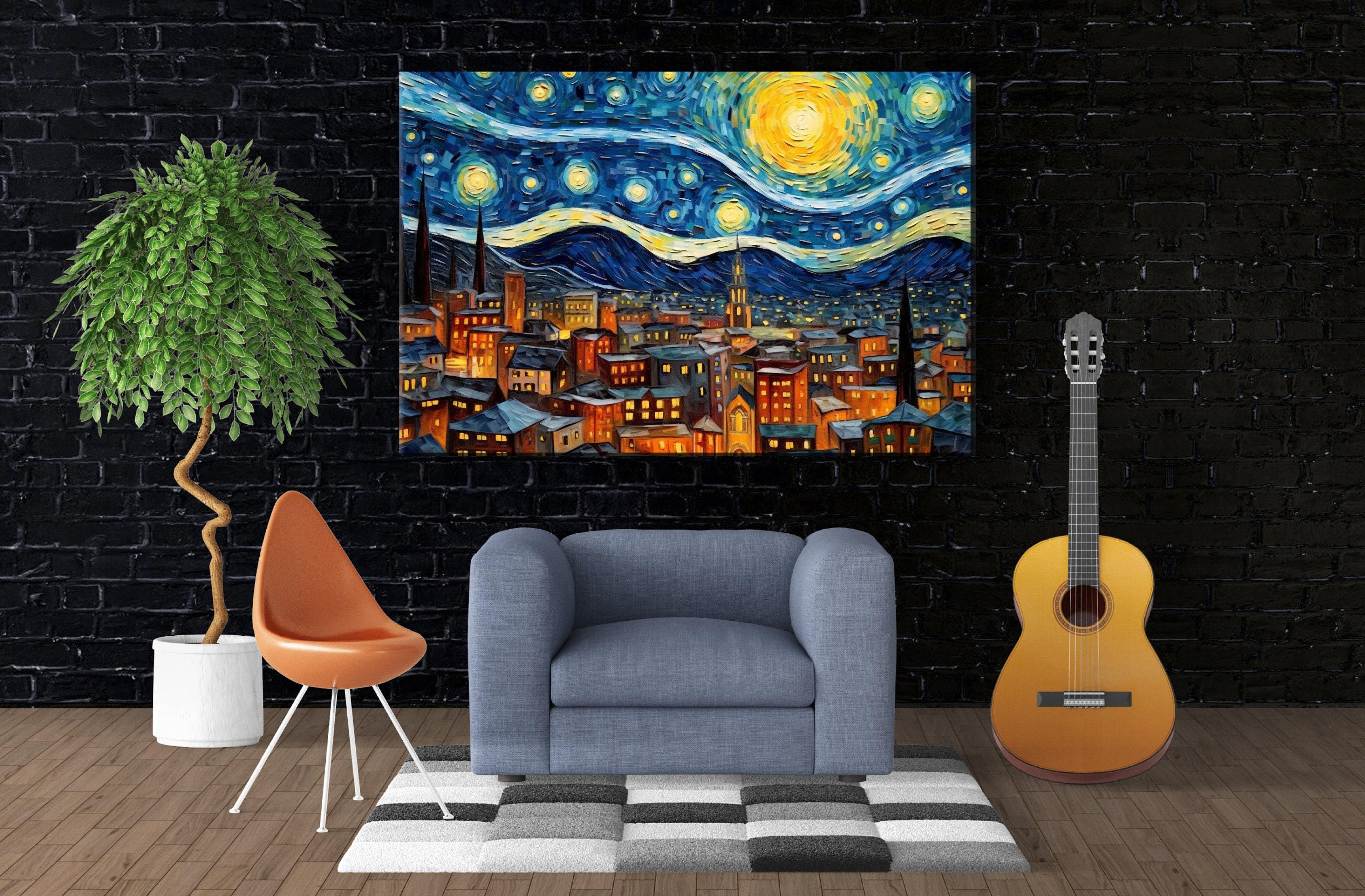 Starry Night Wall Art – Large Canvas Art | Van Gogh Inspired Print, Vibrant Night Sky Painting