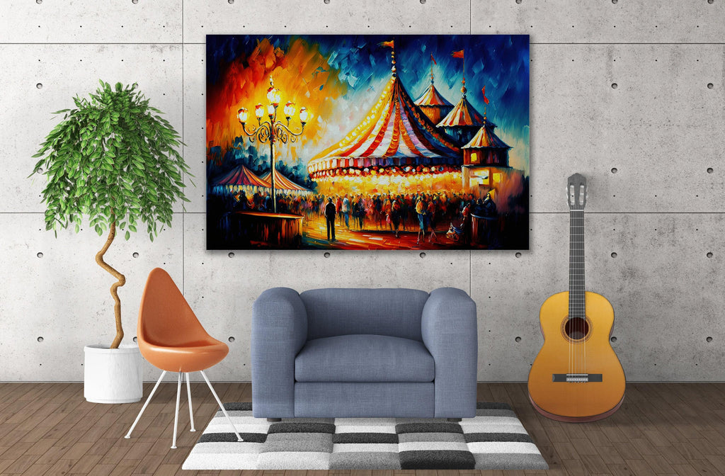 Circus Scene Canvas Art - Large Vintage Carnival Print With Wooden Frame