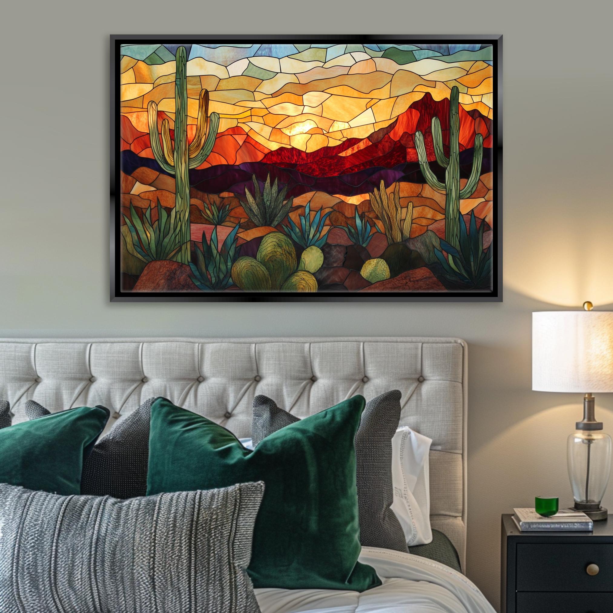 a bedroom with a bed and a painting on the wall