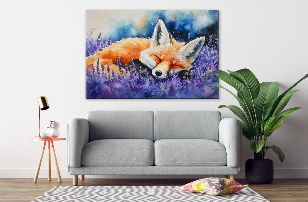 a gray sofa, a potted plant, a lamp, and a painting of a sleeping fox in a field of purple flowers.