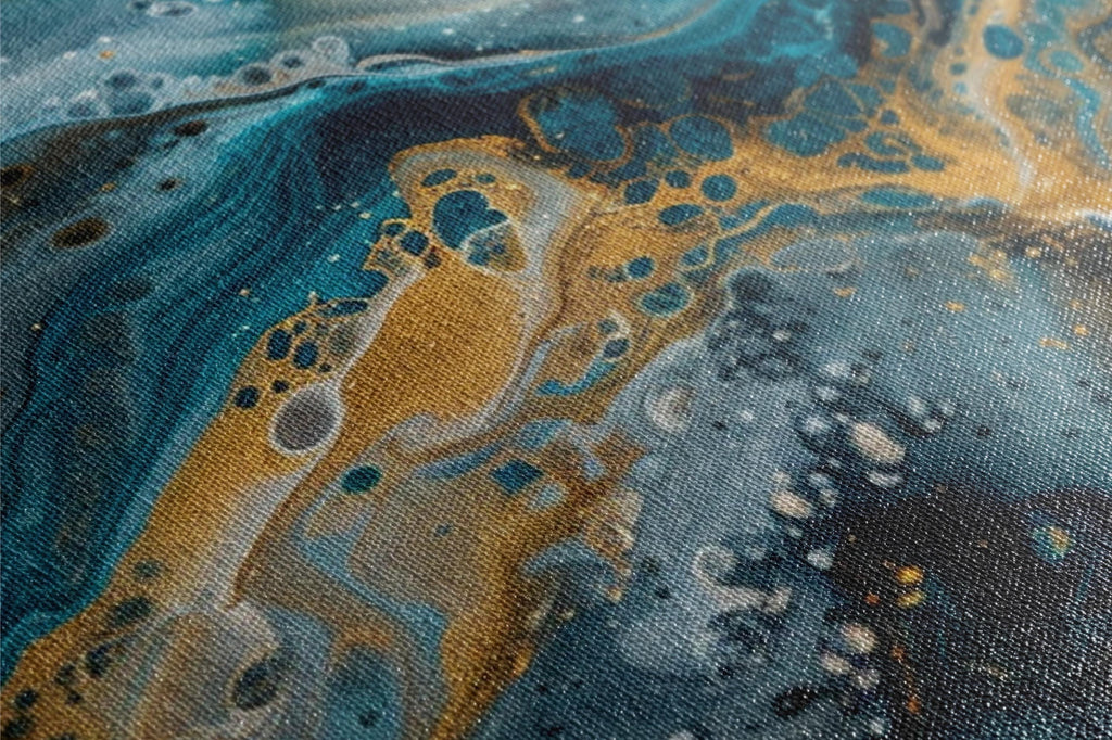 a close up of a painting with blue and yellow colors