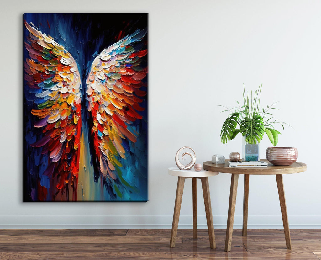 a large, colorful painting of a butterfly with vibrant, multicolored wings displayed on a wall next to a small round table with a plant and other decorative items.