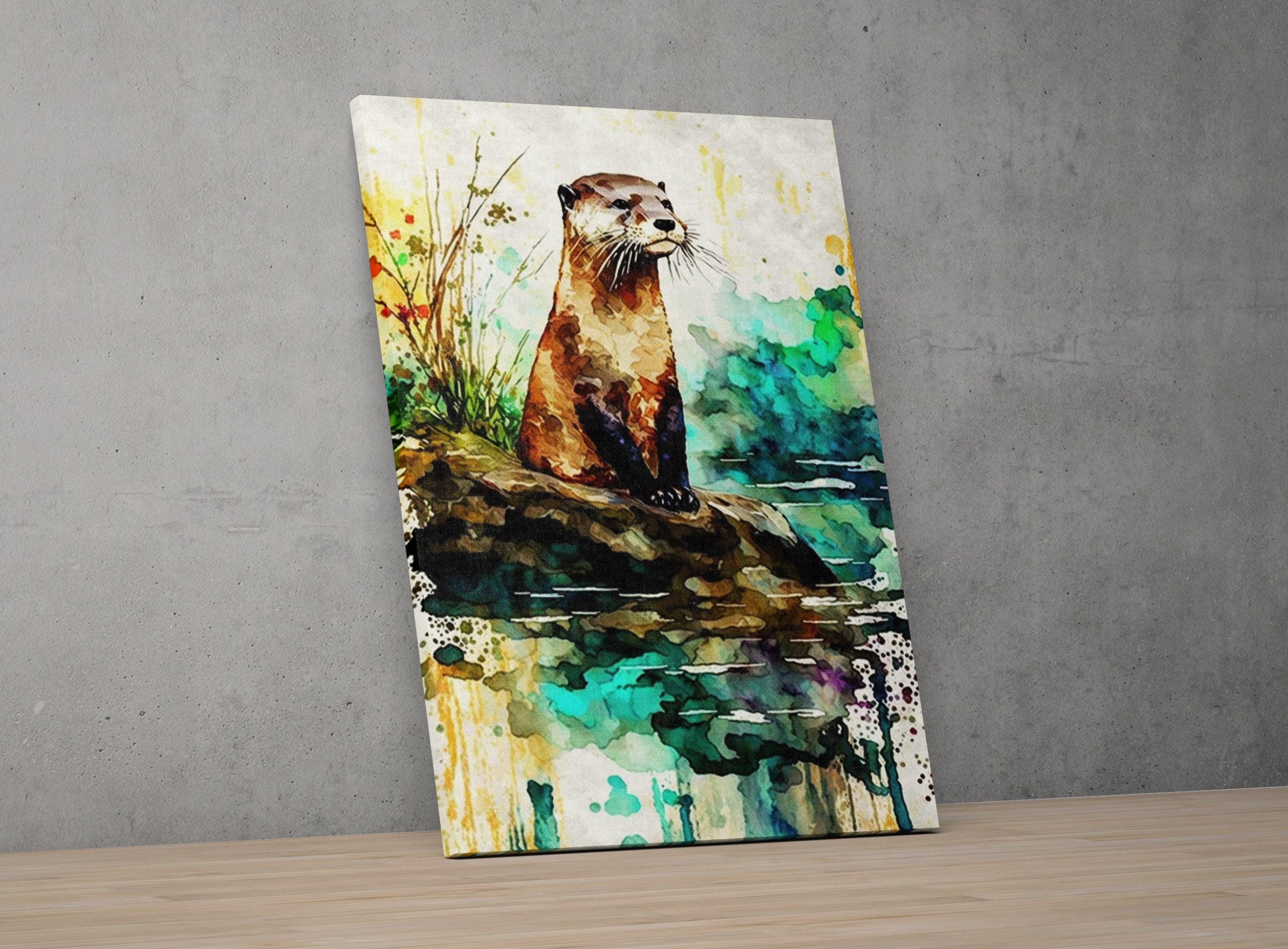 Riverbank Charm: Watercolor River Otter Wall Decor, Giclee Print on Canvas, Artist Paper, Watercolor Paper, Available in Extra Large Sizes