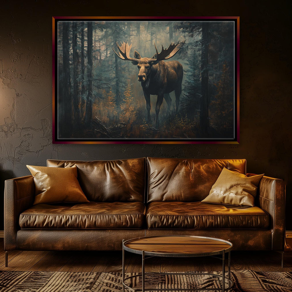 a living room with a couch and a painting on the wall