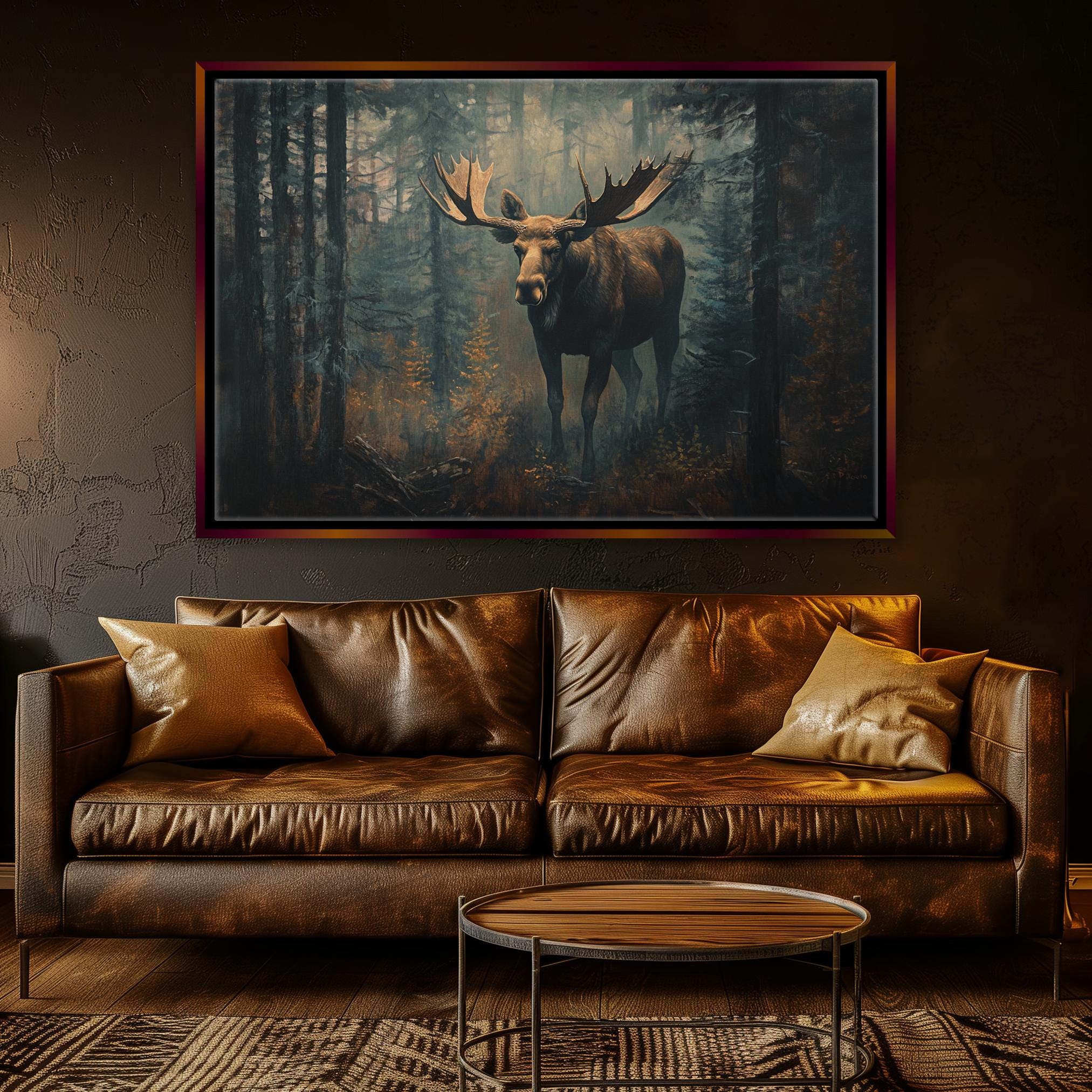 a living room with a couch and a painting on the wall