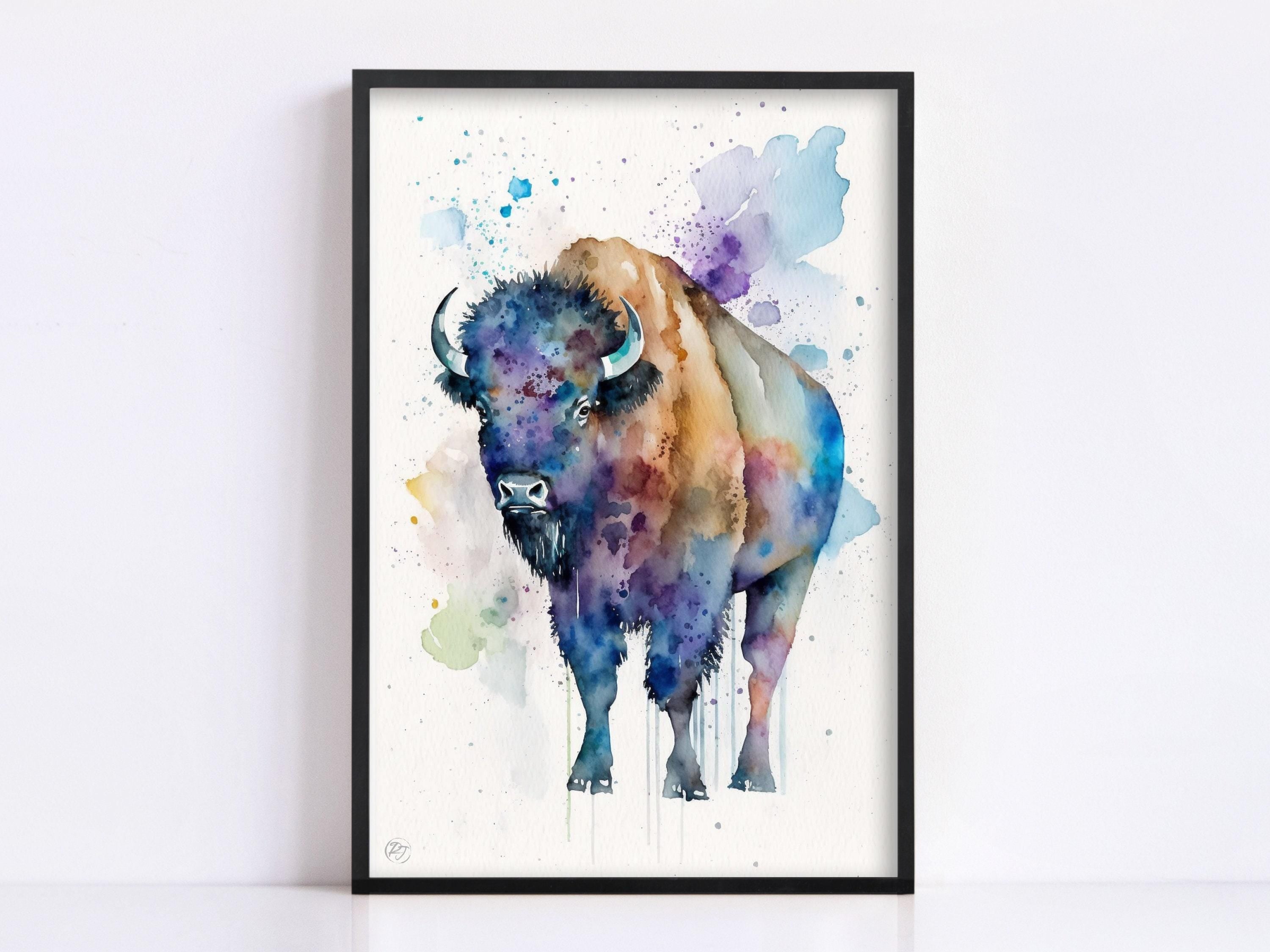 Wildlife Grace: Bison Watercolor Painting, Giclee Print on Canvas, Artist Paper, Watercolor Paper, Available in Extra Large Sizes