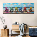 a painting of four beach chairs on the beach
