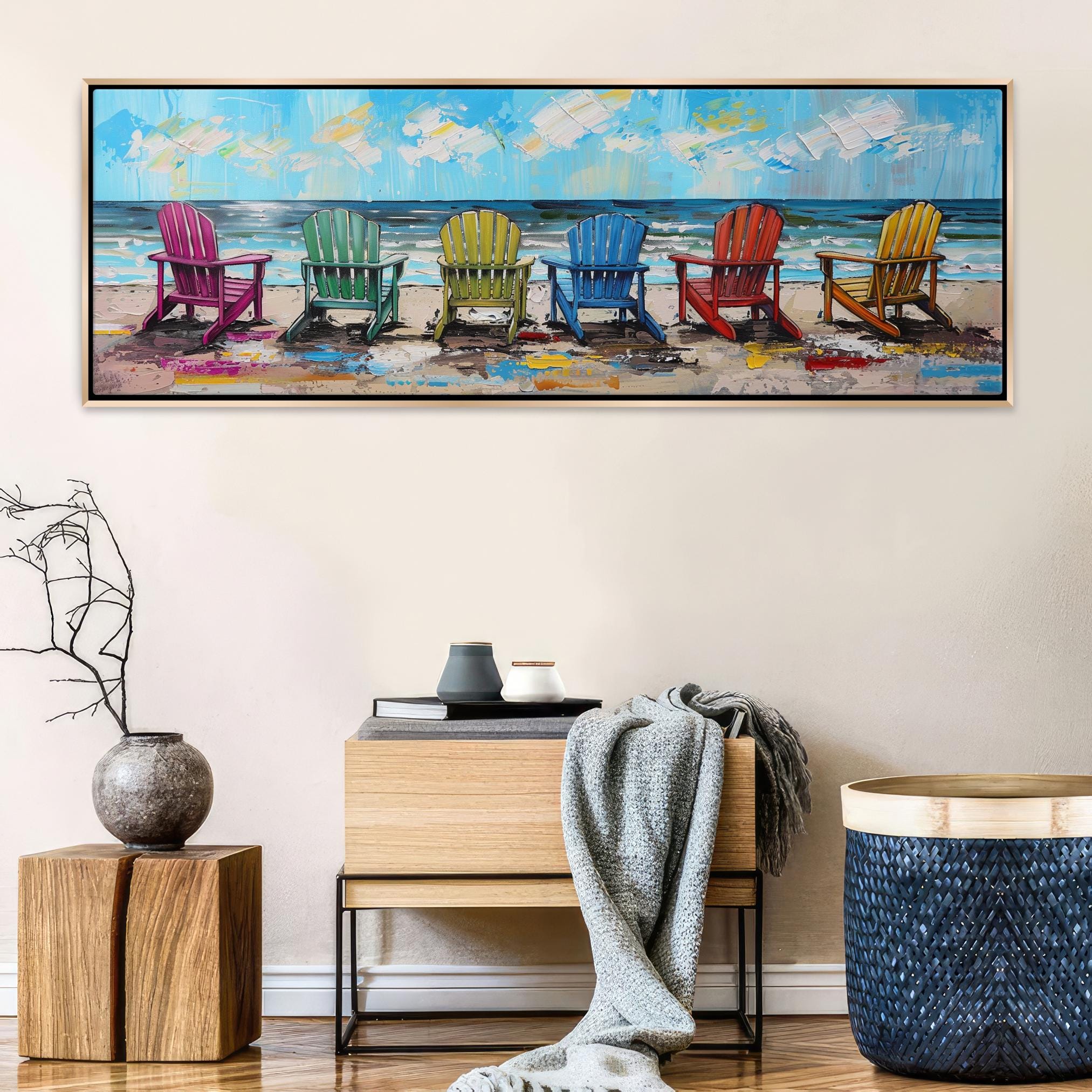 a painting of four beach chairs on the beach