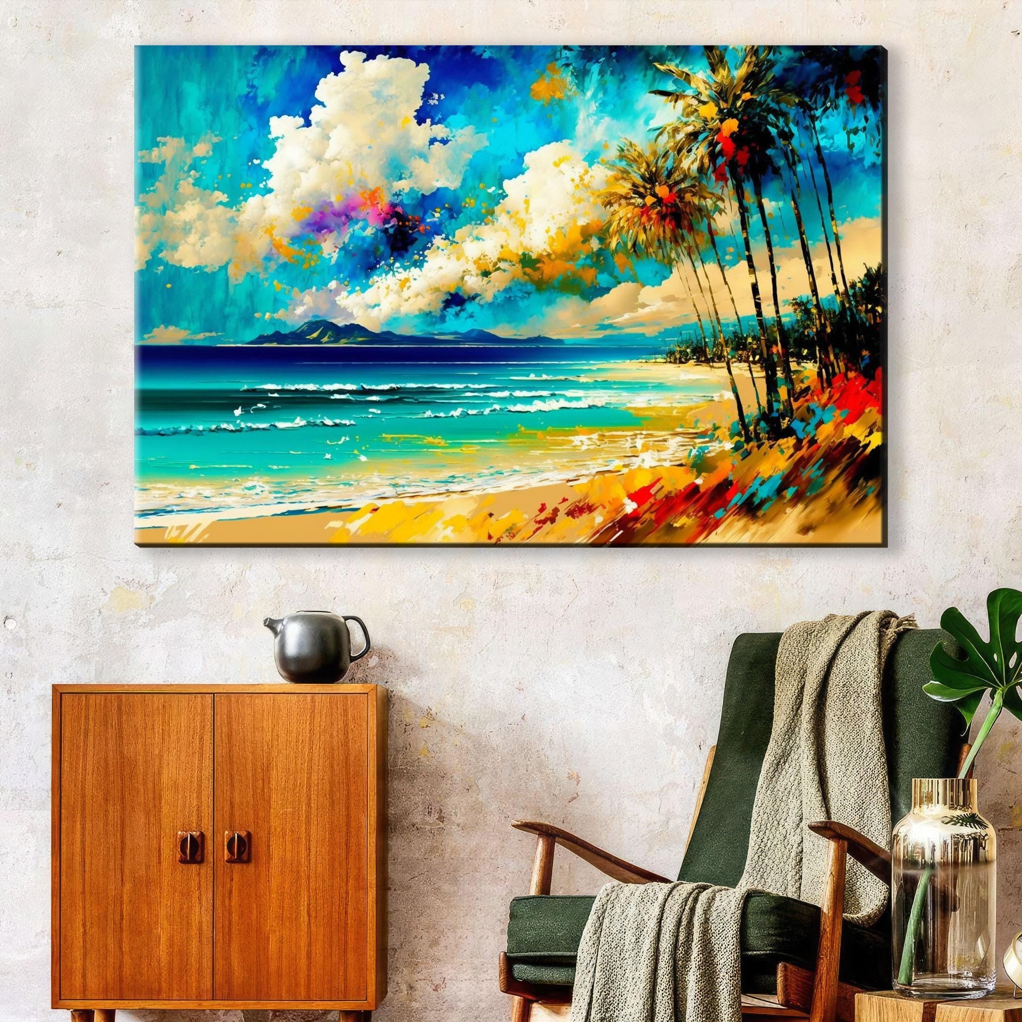 Beach Canvas Wall Art – Large Coastal Wall Art With Real Wood Frame, Tranquil Scene