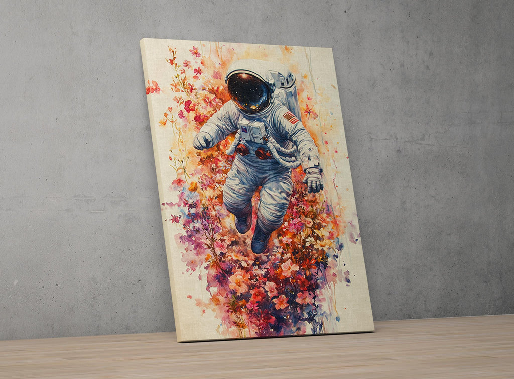 an astronaut floating in space, surrounded by a colorful, abstract floral pattern.