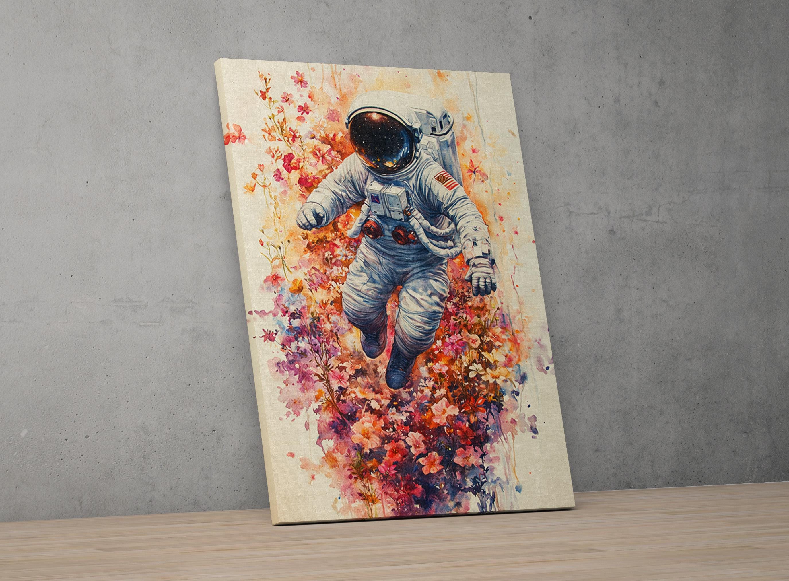 an astronaut floating in space, surrounded by a colorful, abstract floral pattern.