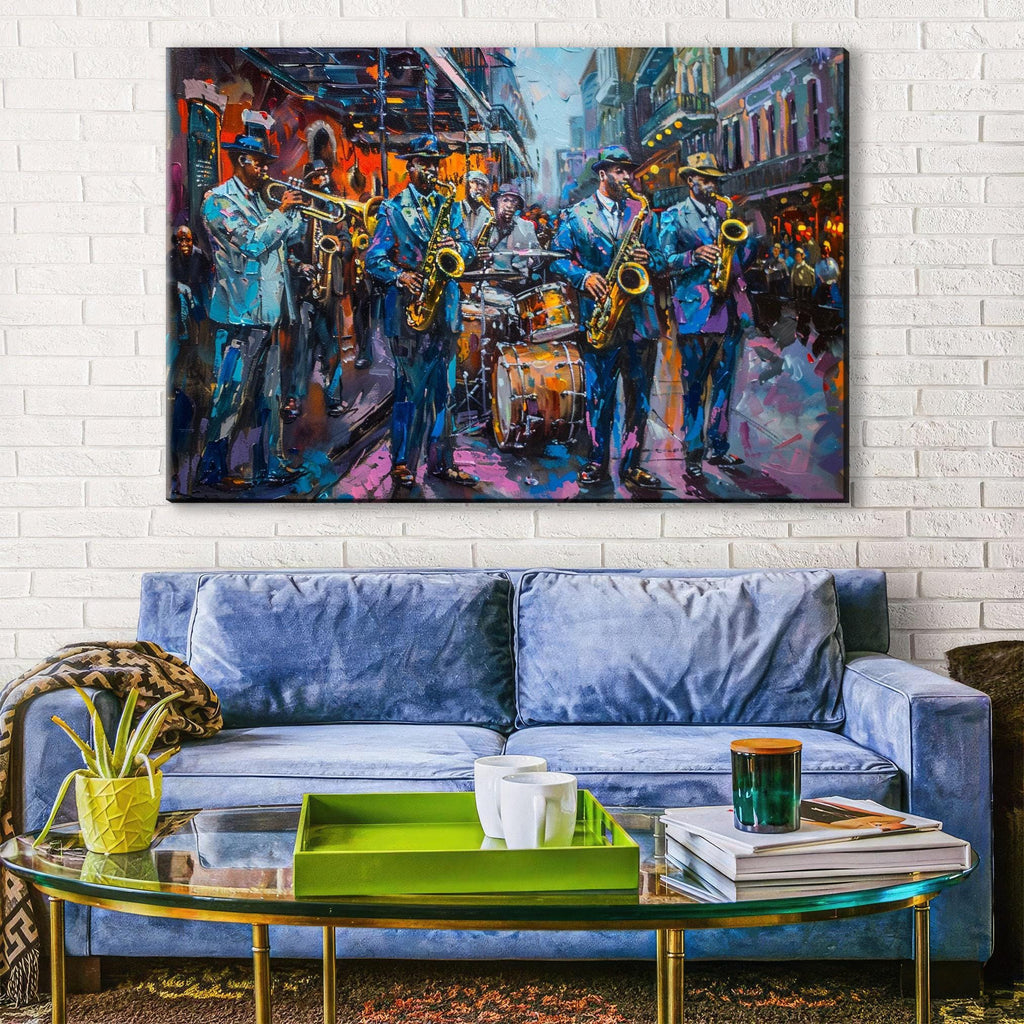 a large painting of a group of musicians playing instruments on a street, with a blue couch and a glass coffee table in the foreground.
