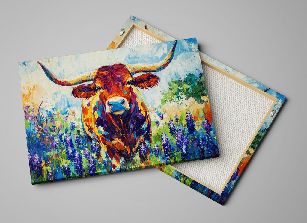 a vibrant painting of a bull with large horns, set against a colorful field of flowers.