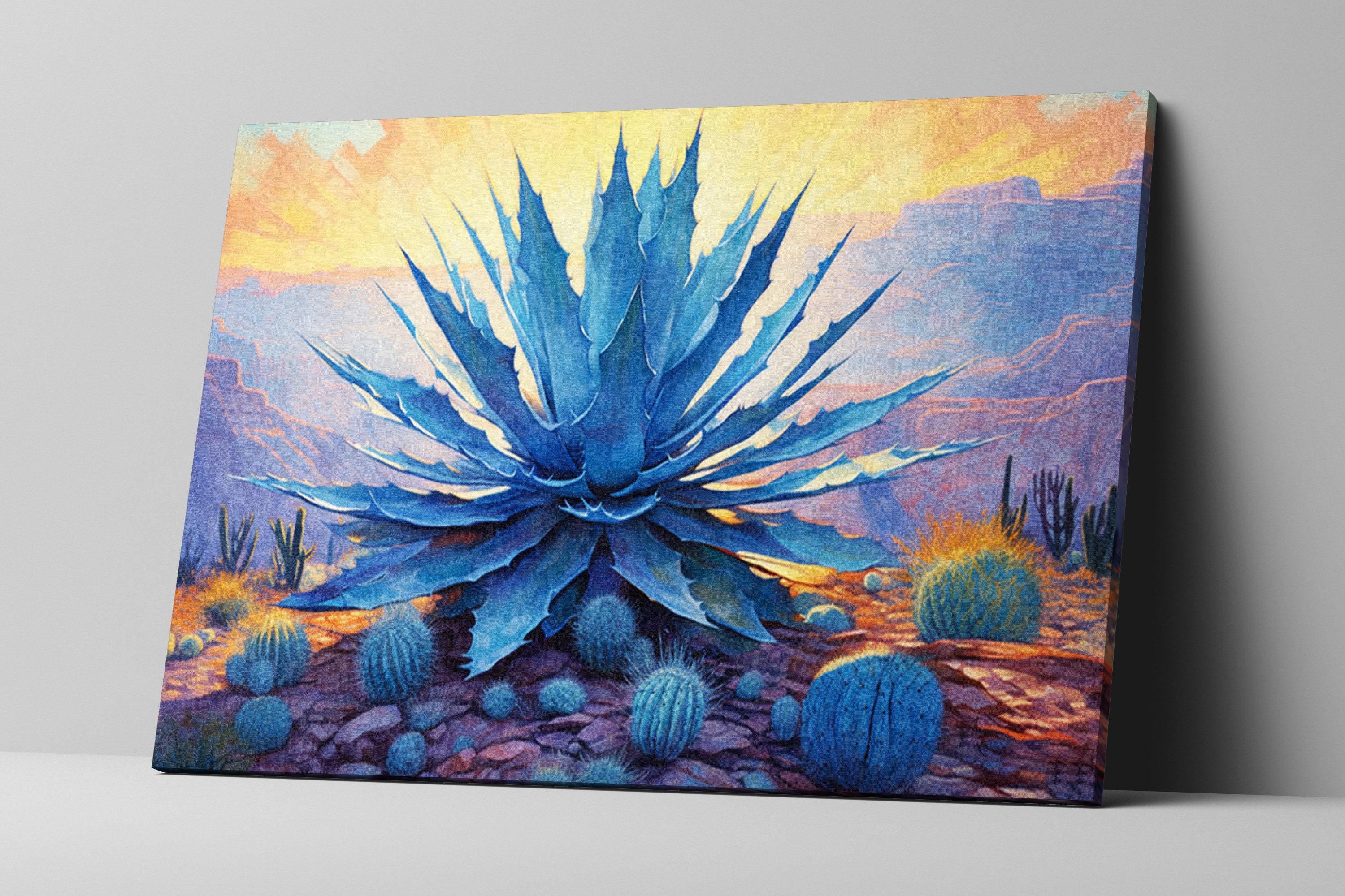 Desert Canvas Art – Southwest Agave Art with Blue Agave Painting & Barrel Cactus Print