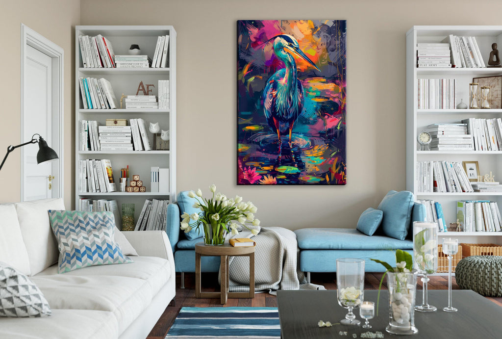 Blue Heron Canvas Art – Vibrant Wetlands Decor | Large Gallery Wrapped Canvas Print