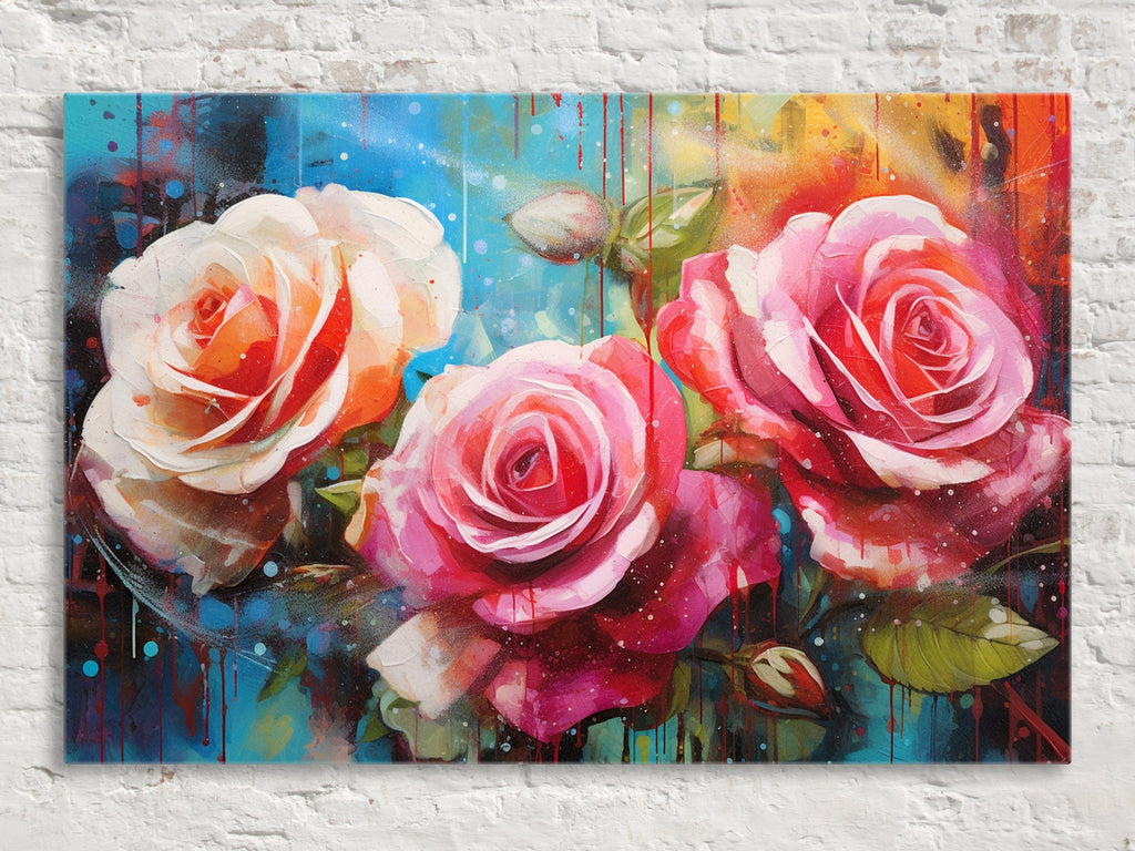 Pink and White Roses Canvas | Large Floral Wall Decor with Vibrant Alcohol Ink Style