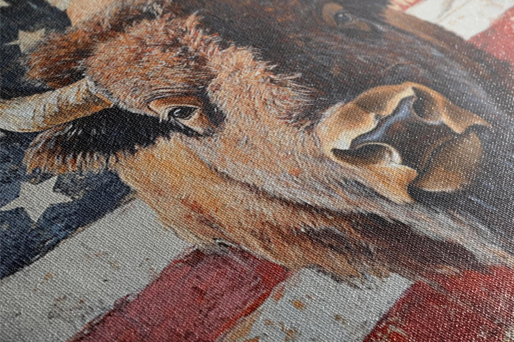 Patriotic Bison Canvas - Extra Large Framed Wall Art With American Flag