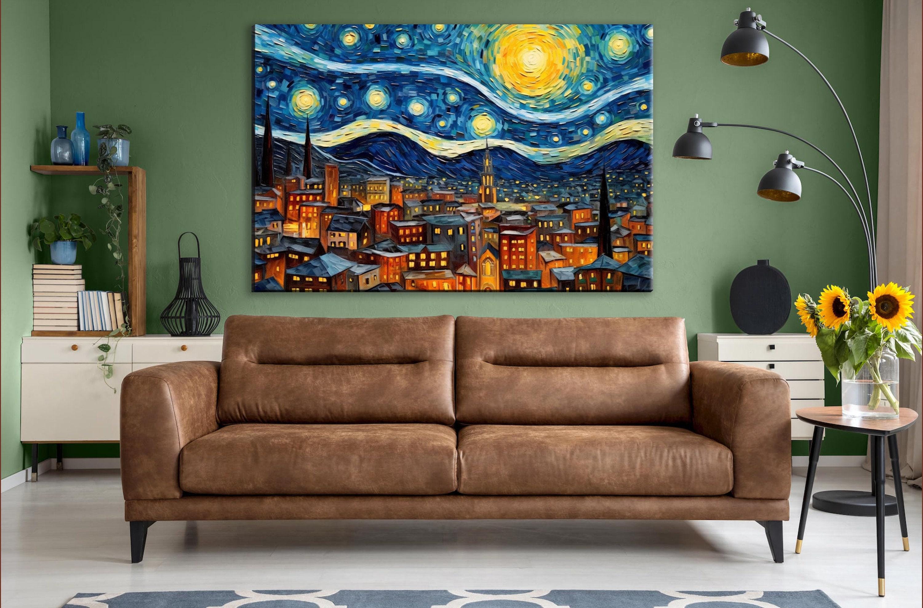 Starry Night Wall Art – Large Canvas Art | Van Gogh Inspired Print, Vibrant Night Sky Painting