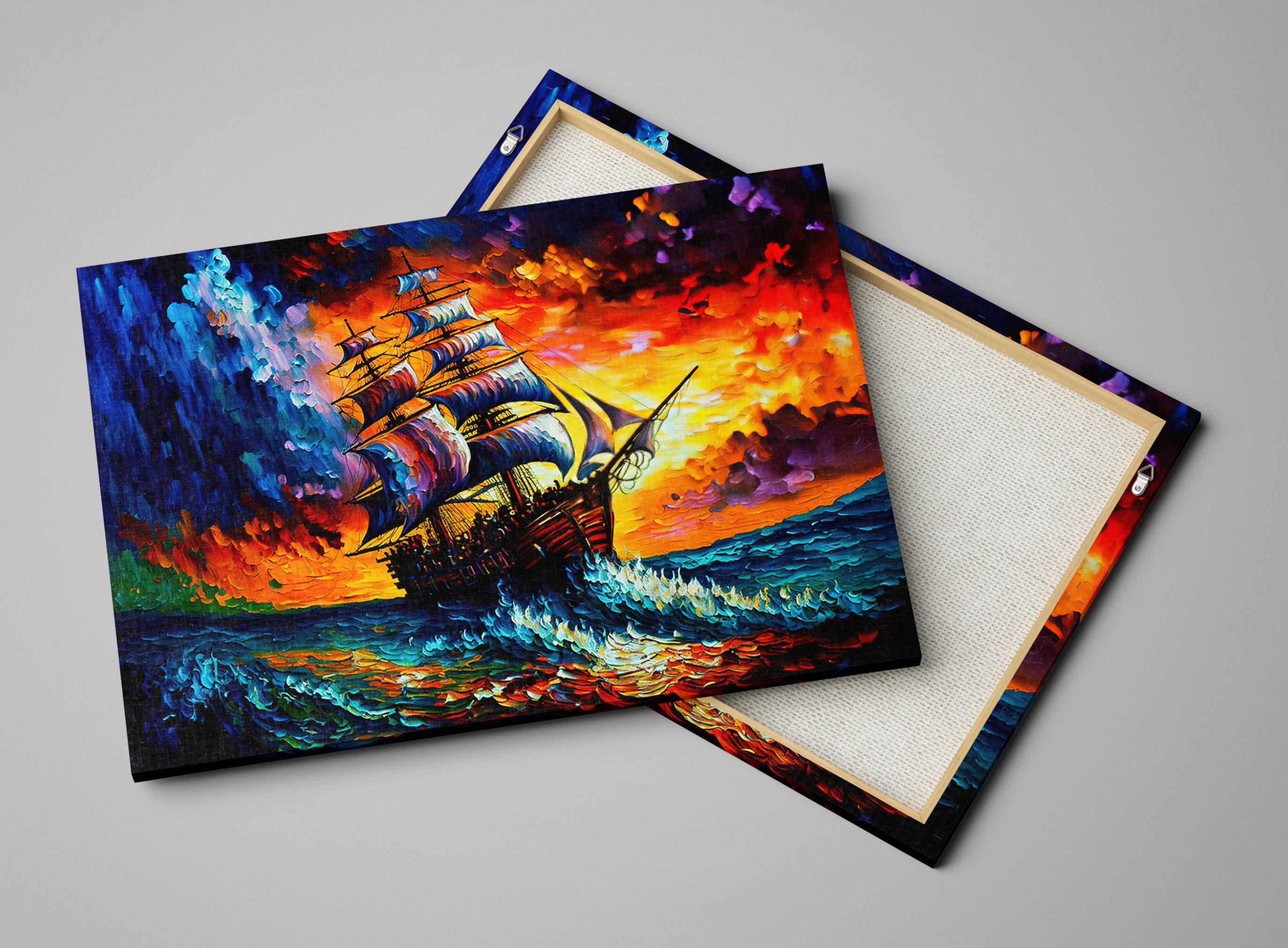 Pirate Ship Painting - Colorful Acrylic Canvas Print | Stormy Seas Artwork, Gallery Ready