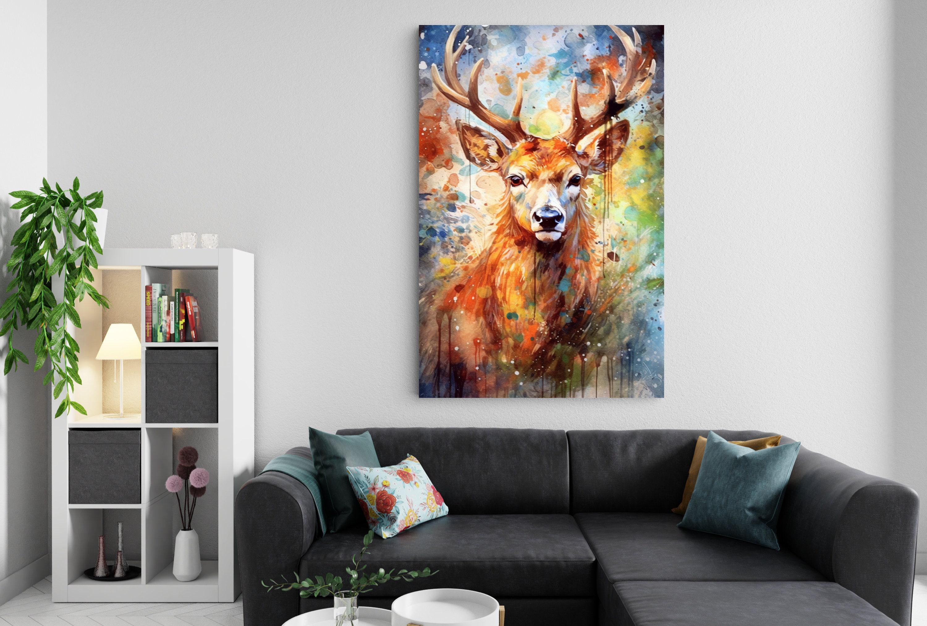 Whimsical Reindeer - Festive Christmas Watercolor, Giclee Print on Canvas, Artist Paper, Watercolor Paper, Available in Extra Large Sizes