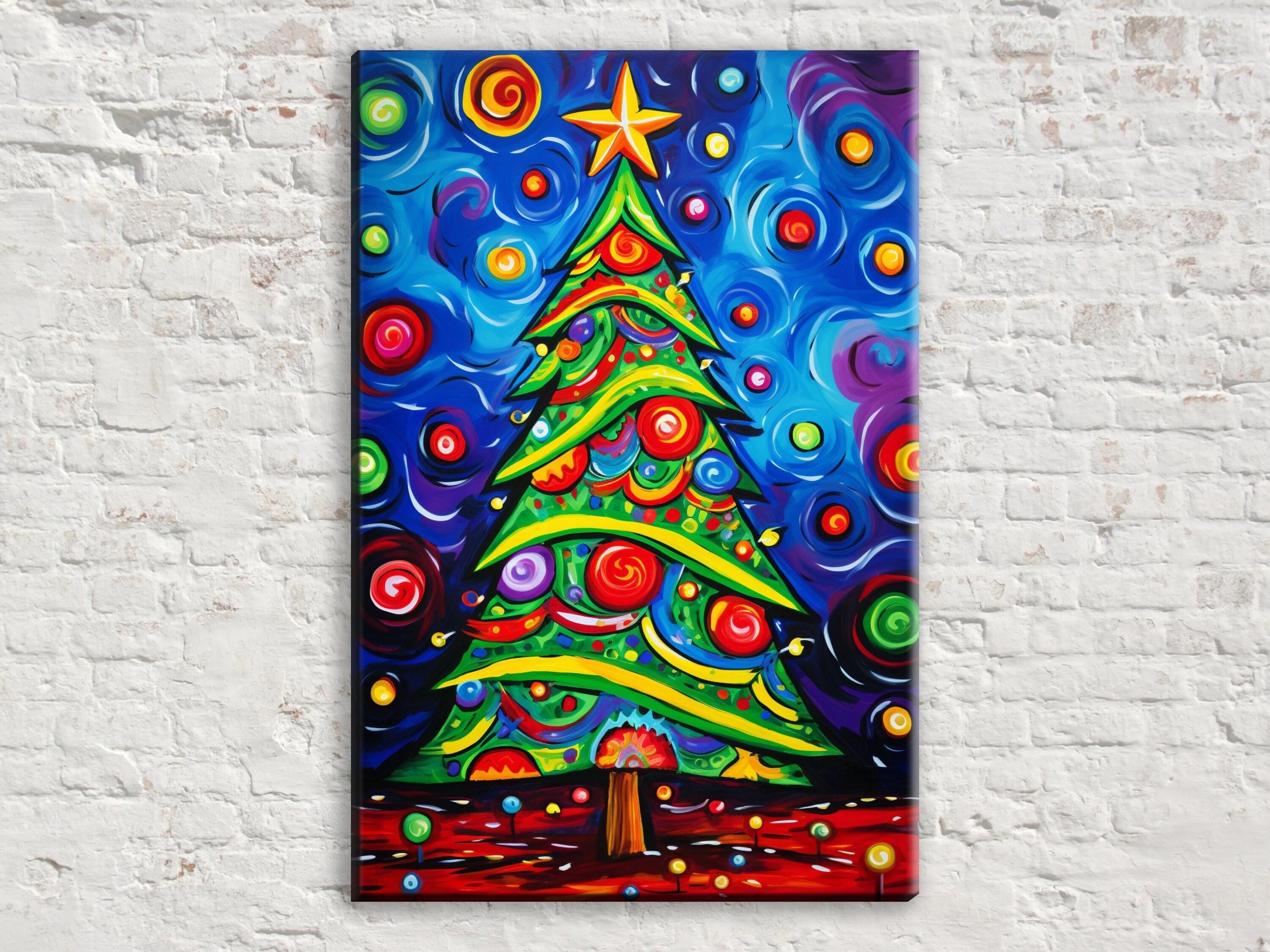 Christmas Tree Wall Art – Colorful Xmas Tree Painting on Gallery Wrapped Canvas, Large Sizes