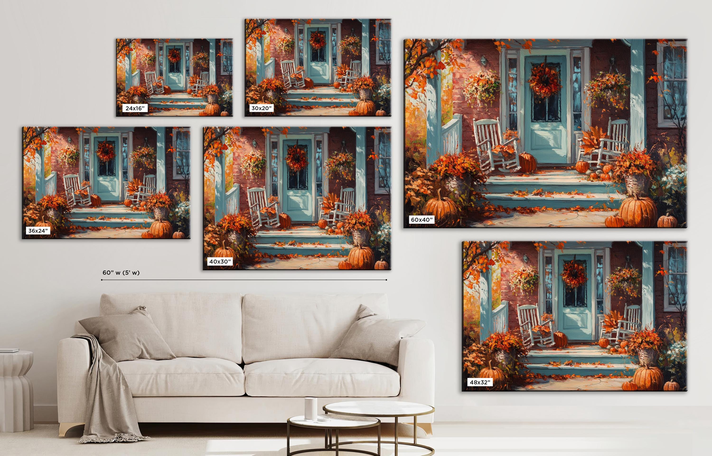The image is a collage of five paintings depicting a front porch with a white door, wreath, and chairs, surrounded by autumn decorations such as pumpkins and fall foliage.