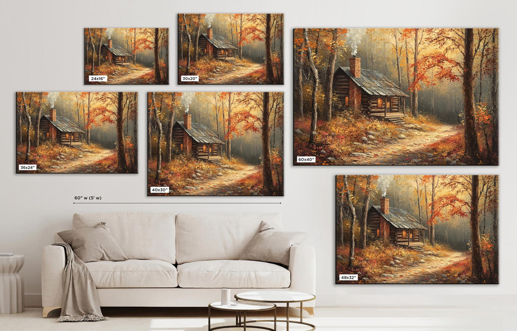 The image is a collage of six paintings depicting a serene autumn scene with a cabin in the woods. The paintings are arranged on a wall, and there is a white couch in the foreground.