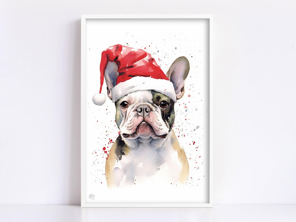 Holiday Frenchie - Watercolor French Bulldog with Santa Hat, Print on Canvas, Artist Paper, Watercolor Paper, Available in Extra Large Sizes