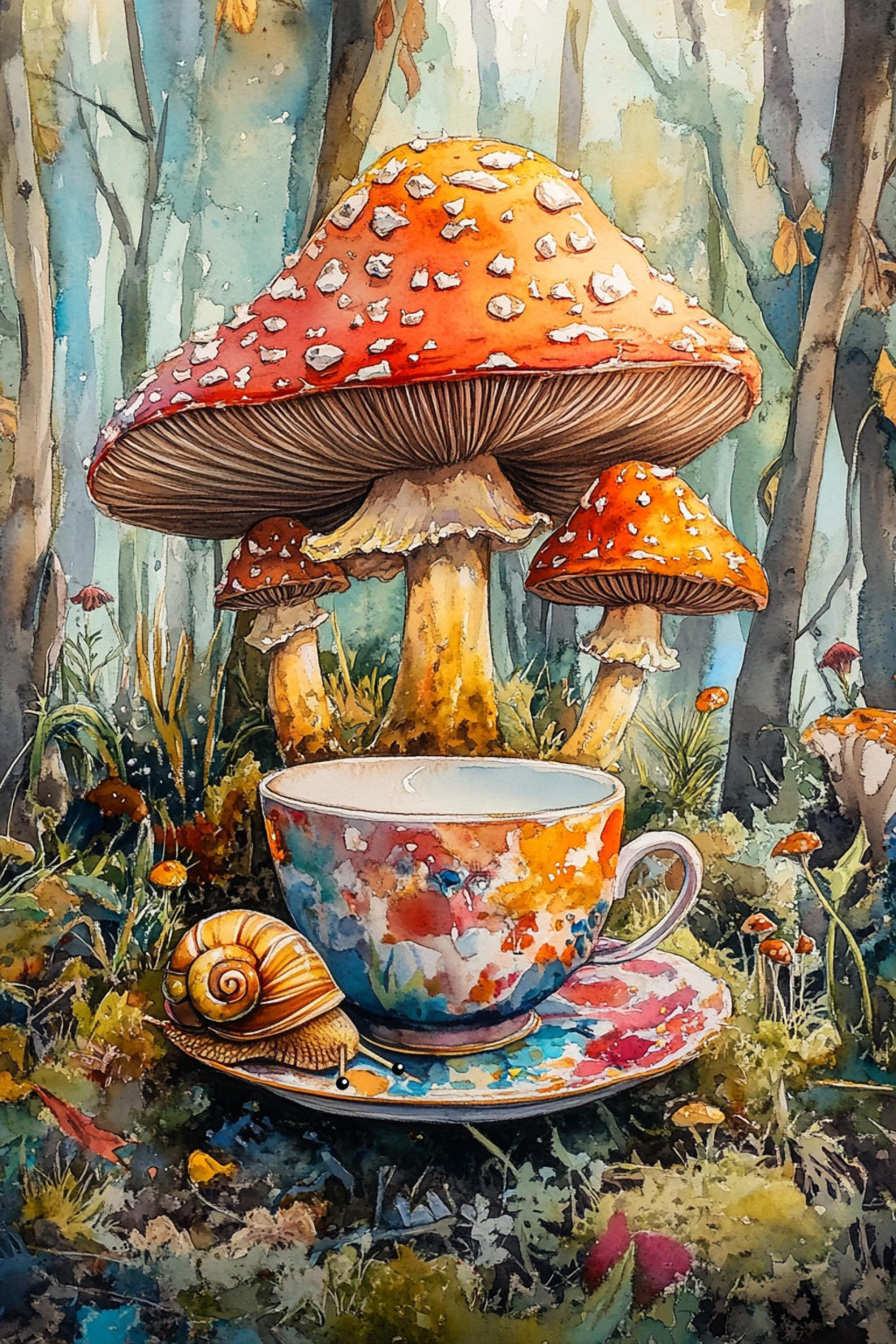 A whimsical scene featuring a large, spotted mushroom with a red cap, a colorful teacup, and a snail resting on a saucer, all set against a lush, forest-like background with various plants and mushrooms.