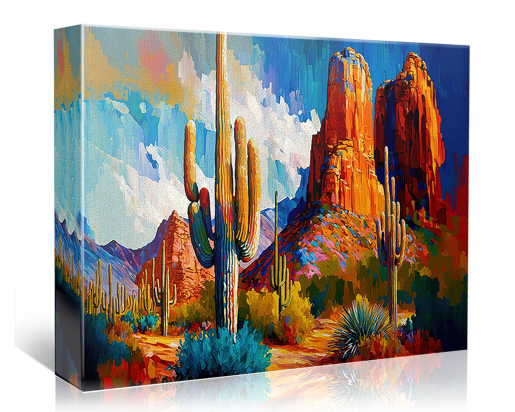 The image is a vibrant painting depicting a desert landscape with towering red rock formations, cacti, and a blue sky with clouds.